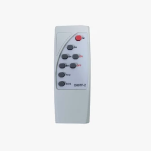 Control remoto blanco para lámpara recargable modelo D807F-2 con botones grises para temporizador, funciones de encendido, apagado, modo M y señal SOS.