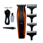 Recortadora VGR naranja y negra, con accesorios, cable USB y aceite.