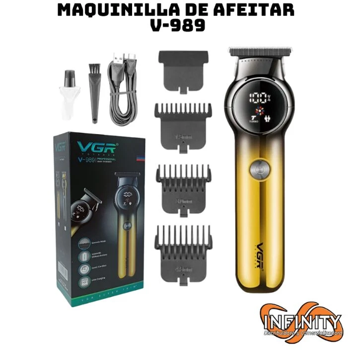 Recortadora profesional VGR V-989 dorada con pantalla LED, incluye cable de carga, cepillo, aceite y tres peines guía sobre caja de empaque original.