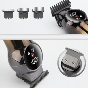 Recortadora de barba ergonómica color gris oscuro con pantalla LED, incluye tres peines guía intercambiables y un cabezal de corte tipo T en detalle.
