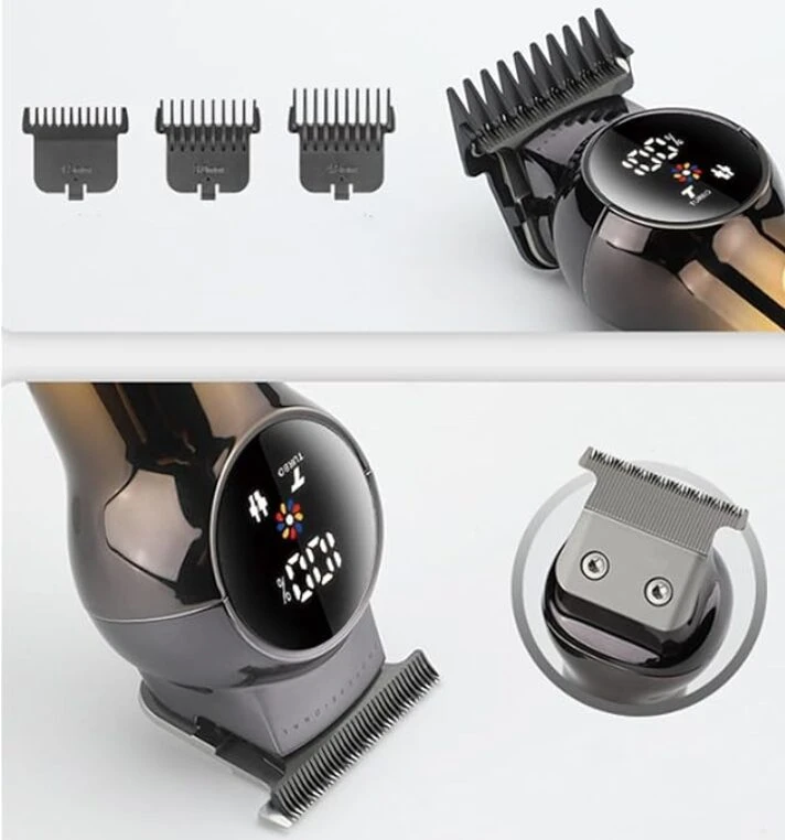 Recortadora de barba ergonómica color gris oscuro con pantalla LED, incluye tres peines guía intercambiables y un cabezal de corte tipo T en detalle.