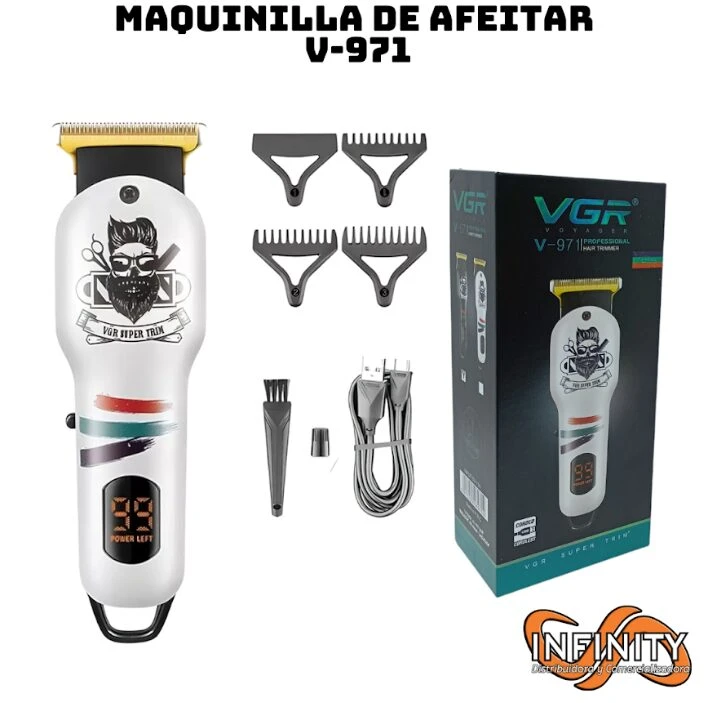 Cortadora de cabello VGR V-971 blanca con diseño de barbero, pantalla digital, cuatro peines guía, cable de carga USB, cepillo de limpieza y su empaque.