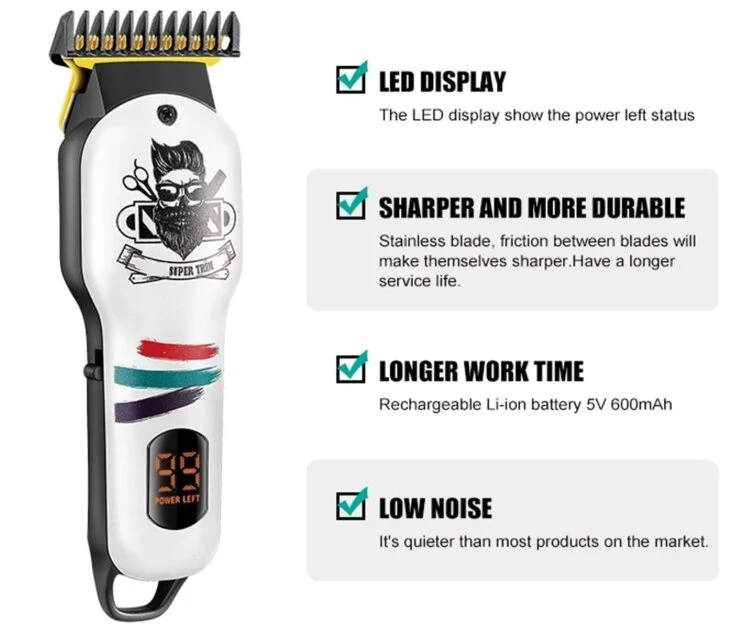 Cortadora de cabello inalámbrica blanca con diseño de barbero, cuchilla de acero, pantalla LED con 99 por ciento de carga y cuatro ventajas destacadas.
