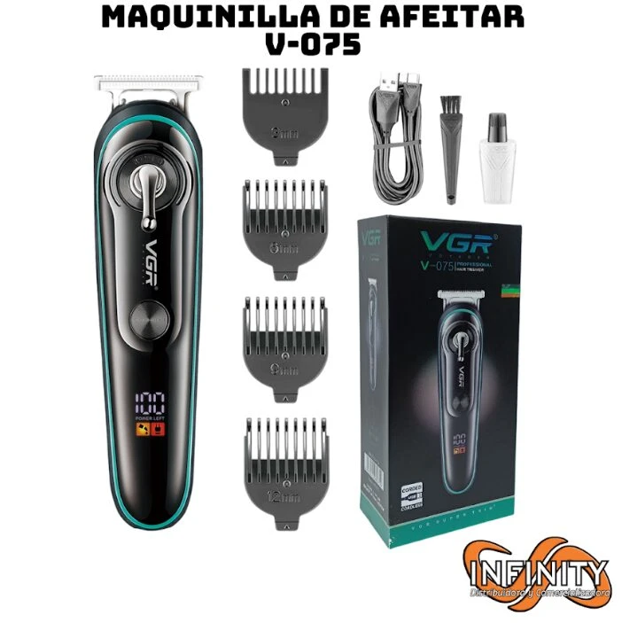 Máquina de corte VGR-075 negra con pantalla LED, incluye cuatro guías de 3mm a 12mm, cable USB de carga, cepillo de limpieza, aceite y caja de empaque.