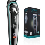 Máquina cortapelo profesional VGR-075 negra con detalles en azul cian, palanca de ajuste lateral, pantalla LED indicadora de carga y su caja de empaque.