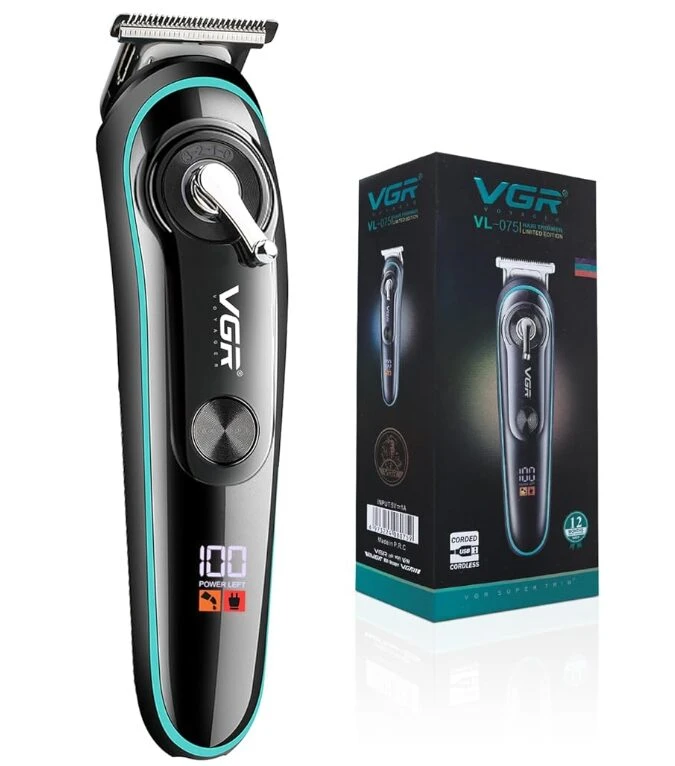 Máquina cortapelo profesional VGR-075 negra con detalles en azul cian, palanca de ajuste lateral, pantalla LED indicadora de carga y su caja de empaque.