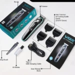 Set completo de máquina de corte VGR-075 negra con pantalla LED, incluye cuatro guías de 3, 6, 9 y 12mm, cable USB tipo C, cepillo y aceite lubricante.