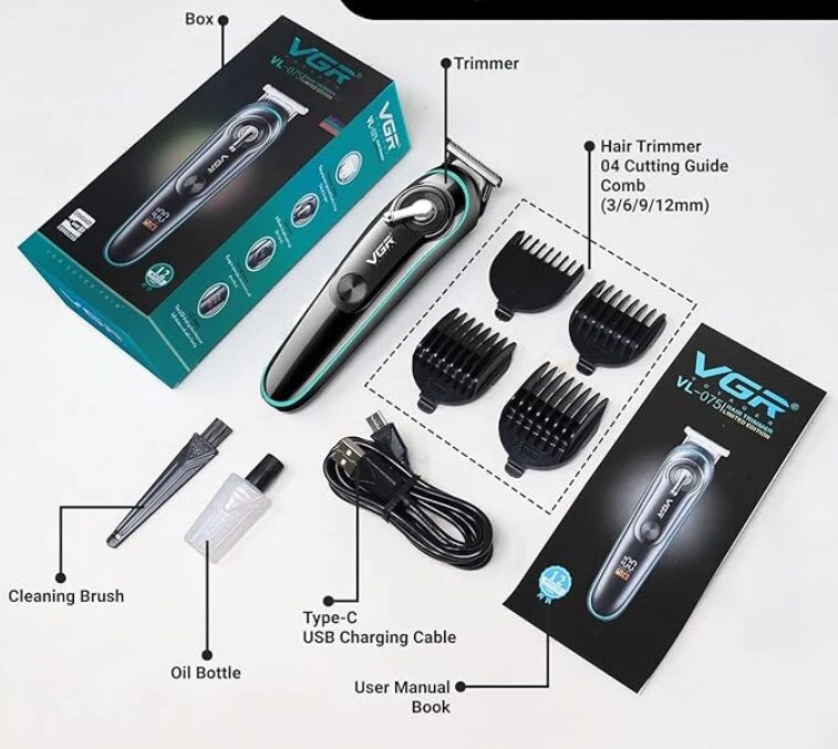 Set completo de máquina de corte VGR-075 negra con pantalla LED, incluye cuatro guías de 3, 6, 9 y 12mm, cable USB tipo C, cepillo y aceite lubricante.