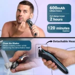 Afeitadora VGR-075 negra con detalles en azul, muestra carga de 2 horas para 120 minutos, uso en rostro y cabezal desmontable lavable bajo agua.