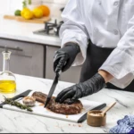 Chef corta filete con cuchillo, vistiendo guantes de nitrilo negro texturizado sobre tabla de corte con romero y ajo.