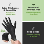 Guantes de nitrilo negros extra fuertes, texturizados, libres de látex y polvo. Ideales para cocina.