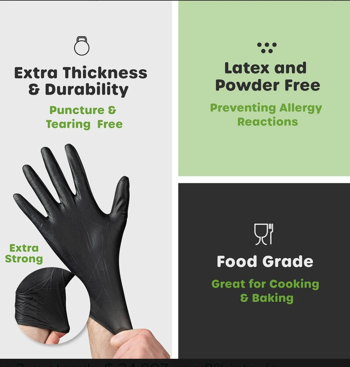 Guantes de nitrilo negros extra fuertes, texturizados, libres de látex y polvo. Ideales para cocina.