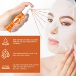 Spray de vitamina C naranja en mano, con gotas salpicando rostro con mascarilla, para cuidado intensivo y soluble.