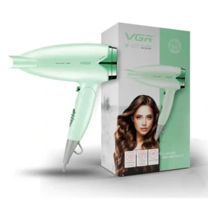 Secador de cabello plegable VGR verde menta, diseño ergonómico, ideal para viajes.