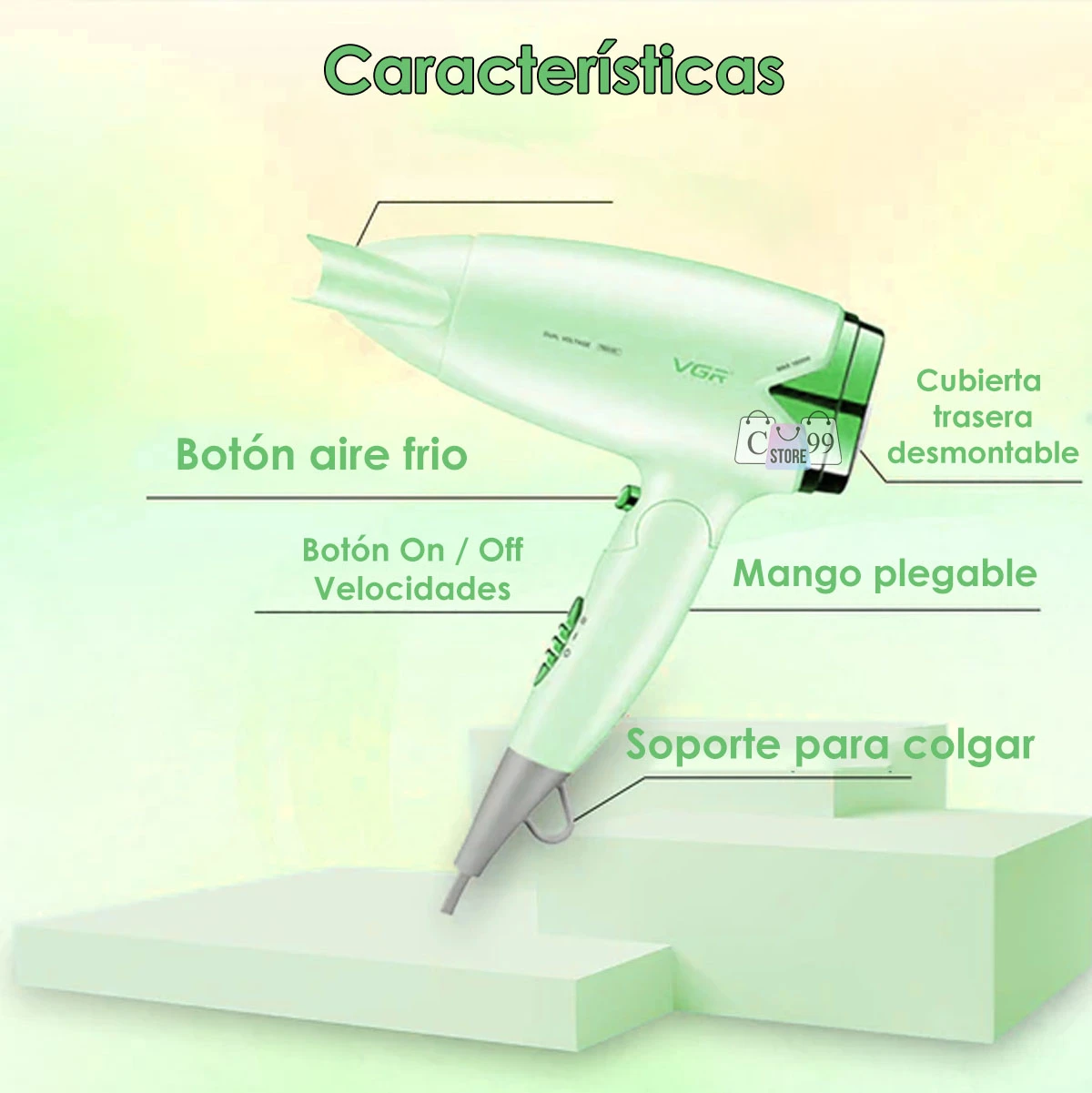 Secador de cabello plegable VGR verde, con botón de aire frío, control de velocidades y soporte para colgar.
