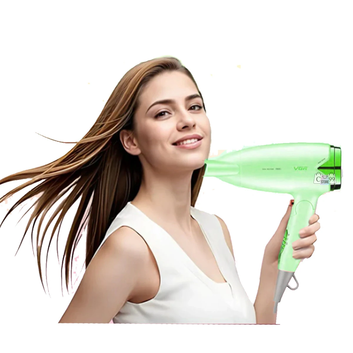 Secador de cabello VGR-428 verde plegable con doble voltaje en uso por mujer.