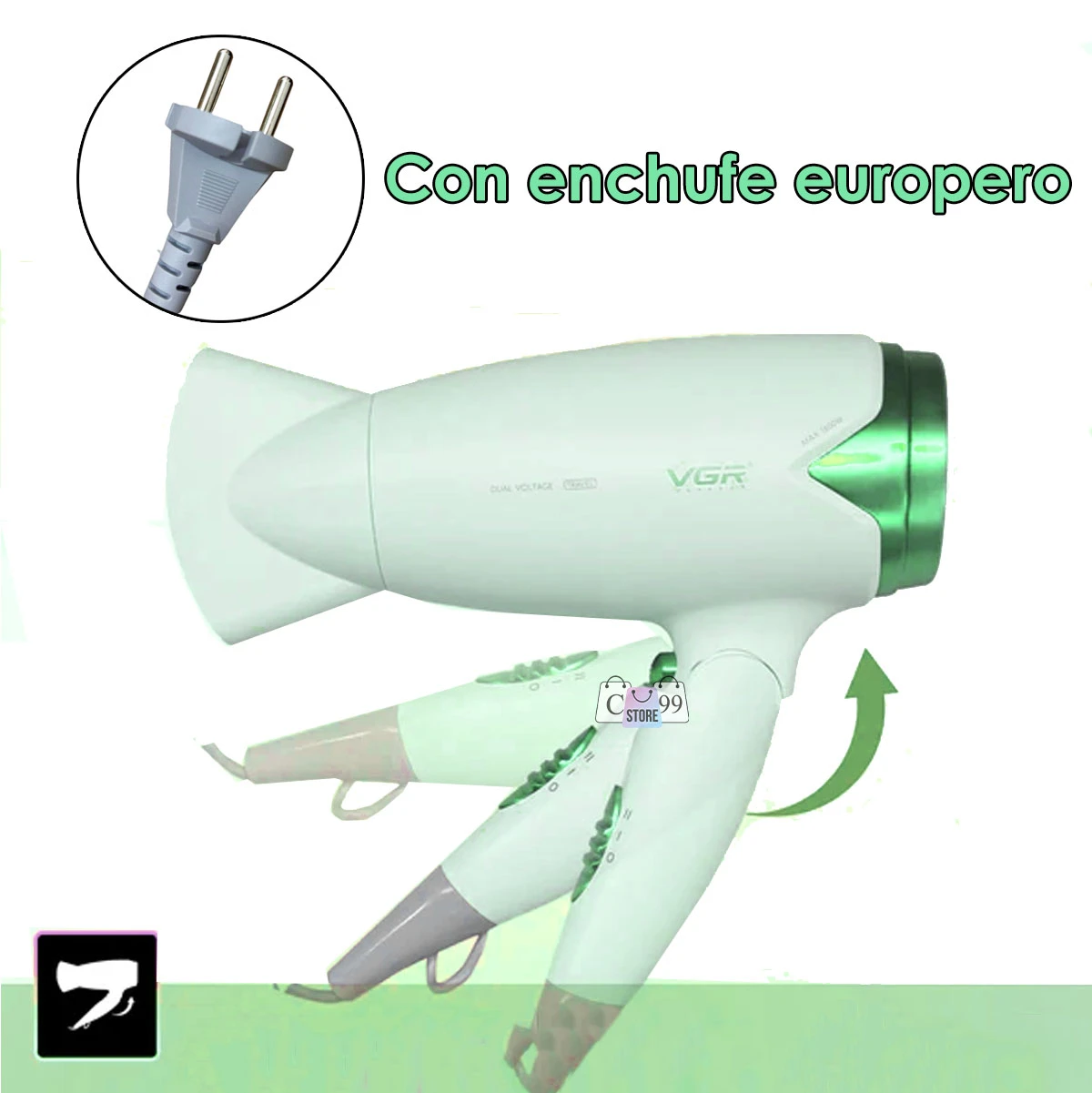 Secador de cabello plegable blanco y verde VGR con enchufe europeo, ideal para viajes.