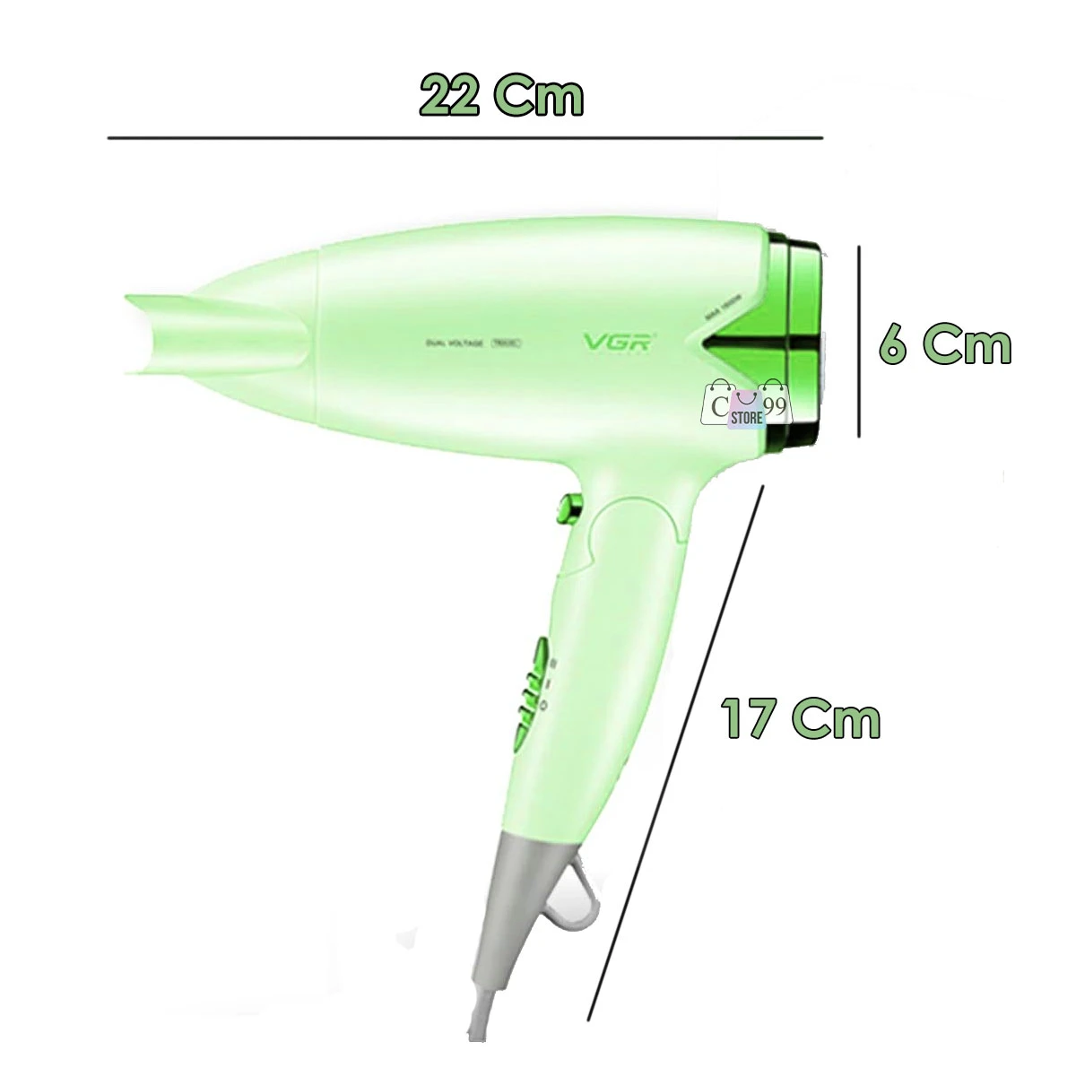 Secador de cabello VGR plegable verde lima. Dimensiones: 22cm largo, 6cm ancho, 17cm mango.