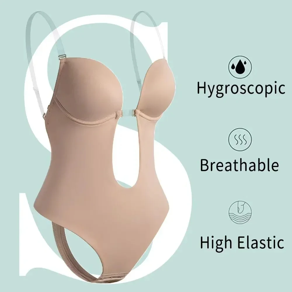 Body moldeador color piel con escote pronunciado, tirantes transparentes y hebilla frontal.