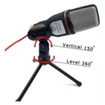 Micrófono condensador SF-666 negro en trípode, ajuste vertical 150° y horizontal 360°.