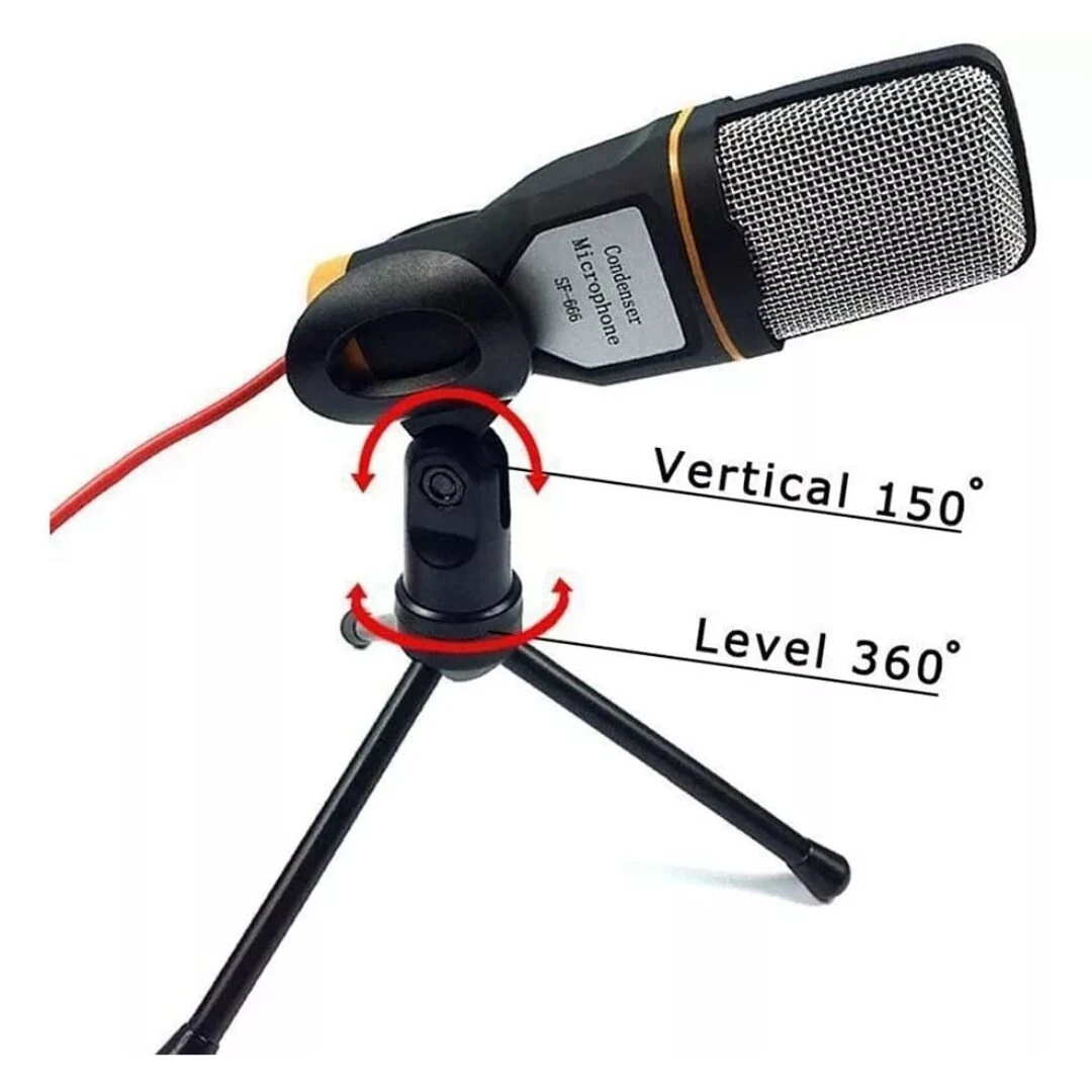 Micrófono condensador SF-666 negro en trípode, ajuste vertical 150° y horizontal 360°.