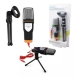 Micrófono condensador negro y naranja con cable rojo y trípode, en empaque y dos presentaciones separadas.