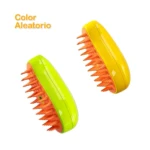 Cepillos masajeadores para mascotas, uno verde y otro amarillo, con cerdas naranjas y texto "Color Aleatorio".