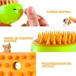 Cepillo masajeador verde para mascotas con dispensador de líquido, cerdas suaves y carga rápida.