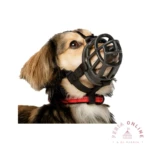 Bozal de silicona negro para perro, tipo canasta, con correas ajustables de nailon que se sujetan a la cabeza y al cuello sobre un fondo blanco.