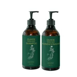 Dos botellas de shampoo y acondicionador Ouhoe Natural Herbs con ginseng, 200 ml cada una.