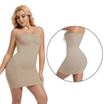 Vestido strapless beige de compresión media para mujer, define cintura y glúteos, ideal como faja.