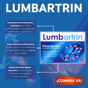 Caja de Lumbartrin para el tratamiento de artritis y osteoartritis, reduce inflamación y rigidez muscular.
