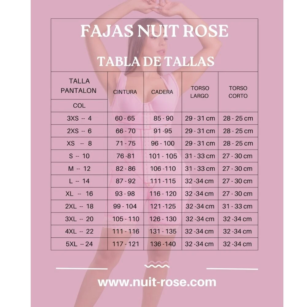 Tabla de tallas para Cinturilla Extrema Doble Compresión Nuit Rose con medidas de cintura, cadera y torso.