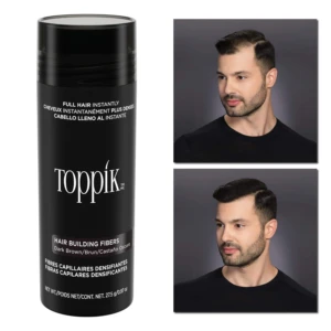 Toppik Fibras Capilares 27.5G Tono Negro para cabello. Envase y antes y después.
