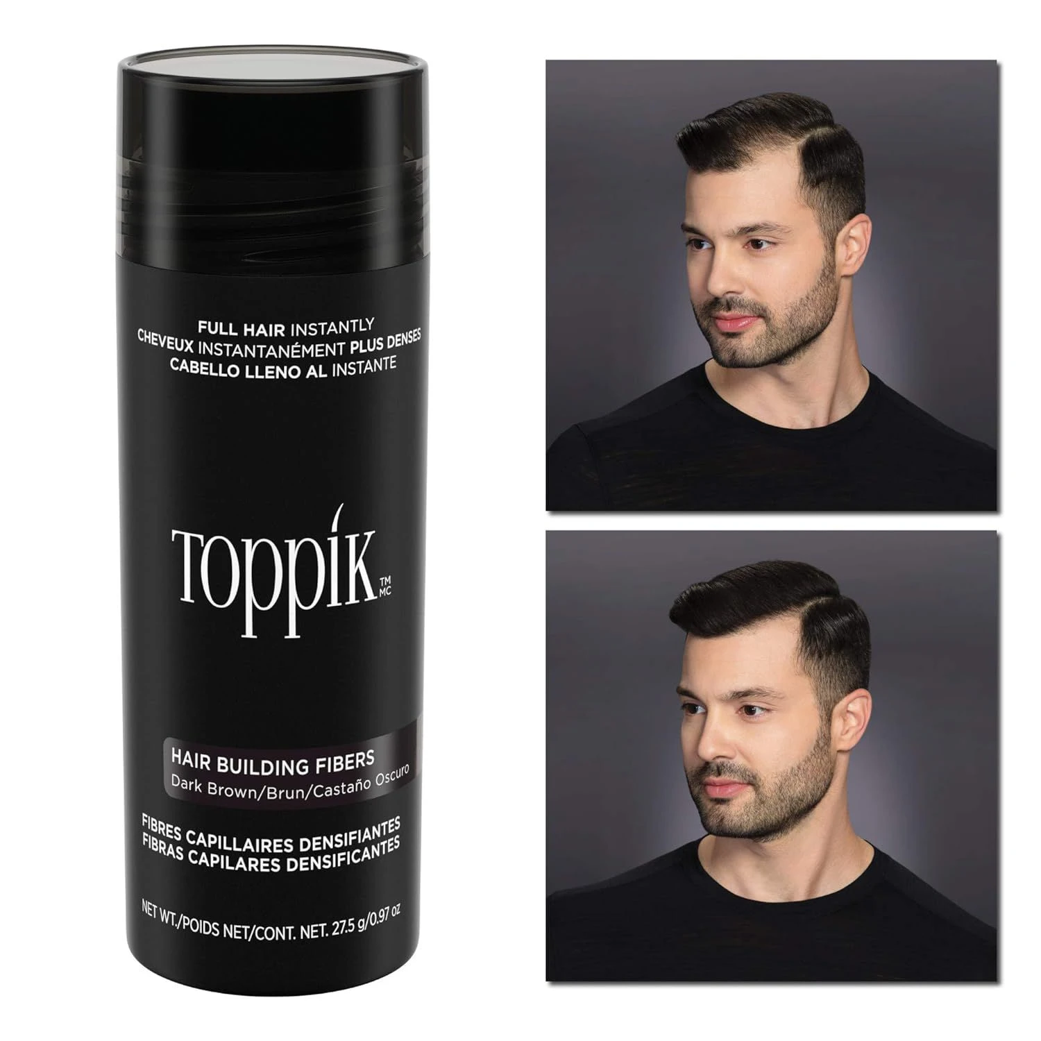 Toppik Fibras Capilares 27.5G Tono Negro para cabello. Envase y antes y después.