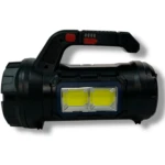 Linterna recargable negra con dos luces LED, asa y medidor de batería, lista para usar.