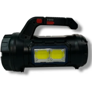 Linterna recargable negra con dos luces LED, asa y medidor de batería, lista para usar.