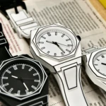 Relojes de pulso en silicona con diseño 2D tipo caricatura, disponibles en blanco y negro sobre fondo de periódico; estilo urbano, cómodo y minimalista.