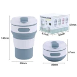 Termo plegable de silicona gris y blanco. Incluye caja, medidas de 140x80mm extendido y 67x80mm plegado. Práctico diseño compacto para transporte diario.