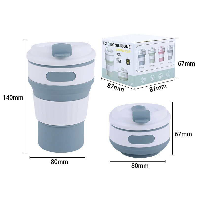 Termo plegable de silicona gris y blanco. Incluye caja, medidas de 140x80mm extendido y 67x80mm plegado. Práctico diseño compacto para transporte diario.