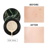 Base Moisture Chafful tono Ivory 01 en empaque negro con demostración de antes y después.