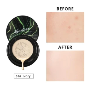 Base Moisture Chafful tono Ivory 01 en empaque negro con demostración de antes y después.
