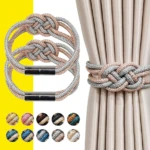 Set x2 cordones magnéticos para cortina, trenzados en tonos oro rosado y plateado, estilo moderno.