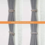 Cortineros magnéticos con cuerda trenzada en color gris y rosa, sujetan cortinas grises, mostrando variedad de ángulos.