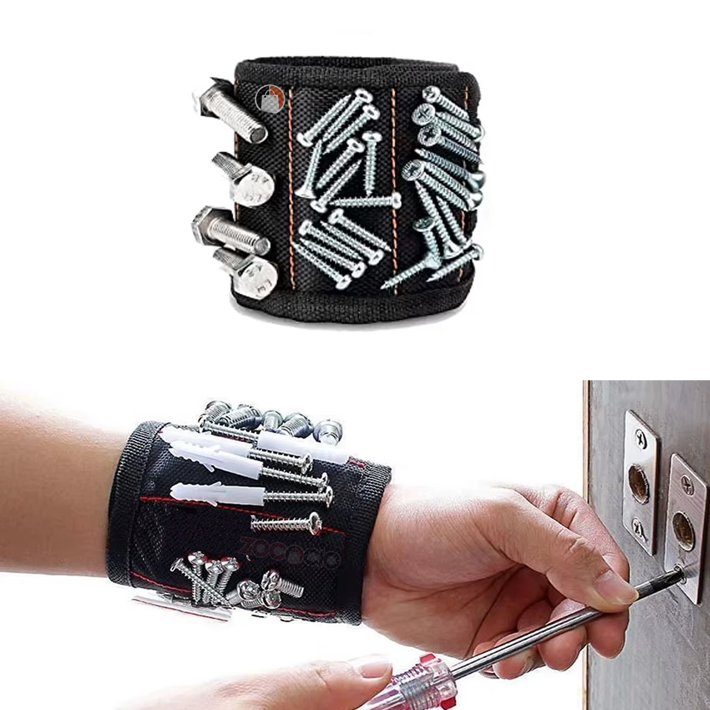 Pulsera magnética negra con tornillos y tuercas adheridos, ideal para sujetar herramientas.