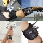 Dos pulseras magnéticas negras con tornillos y clavos, para sujetar herramientas durante trabajos manuales.