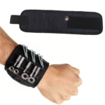 Pulsera magnética negra para sujetar tornillos y puntas, usada en muñeca.
