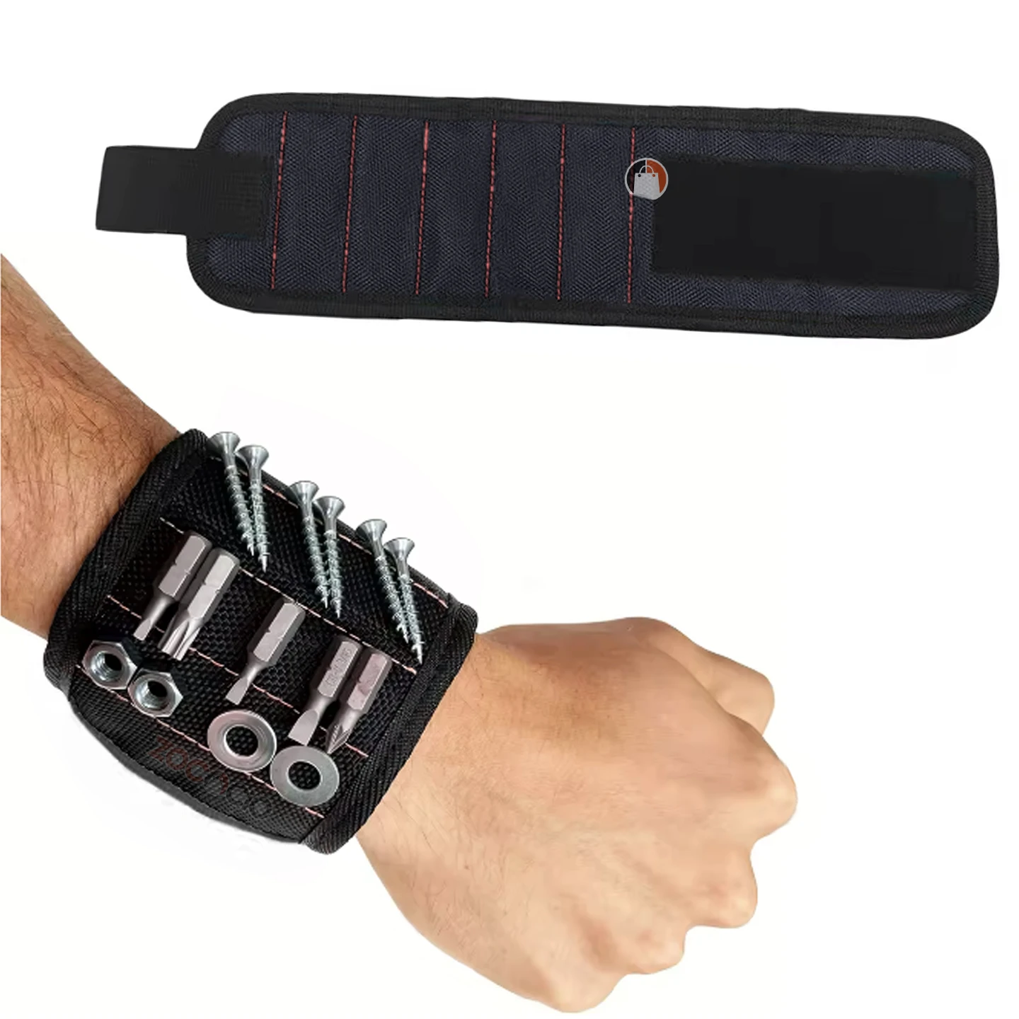 Pulsera magnética negra para sujetar tornillos y puntas, usada en muñeca.
