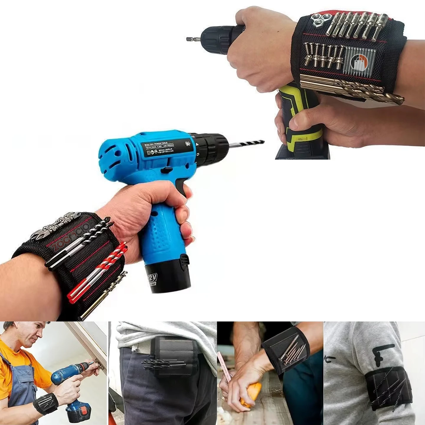 Pulseras magnéticas negras con brocas y tornillos, ideales para herramientas.