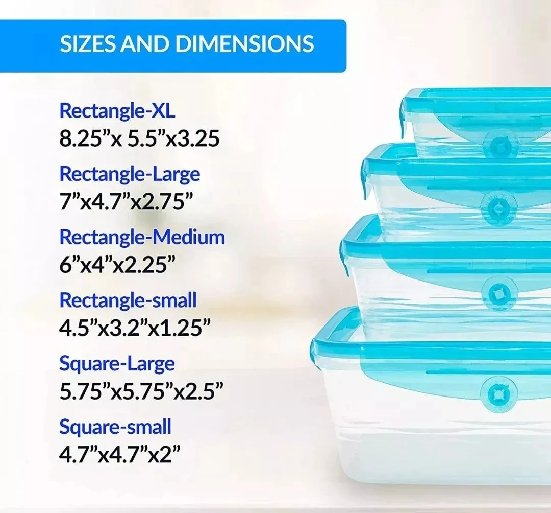 Pila de contenedores de comida transparentes con tapas herméticas color turquesa, junto a una lista detallada con las medidas de seis tamaños diferentes.